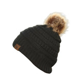 Satin Lined Marley Autumn Large High End Beanie Hat with Faux Fur Pom