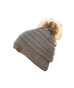 Satin Lined Marley Autumn Large High End Beanie Hat with Faux Fur Pom